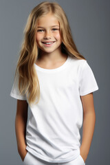 Female girl kid model wearing a plain white mockup t-shirt with smile and long flowing blond hair