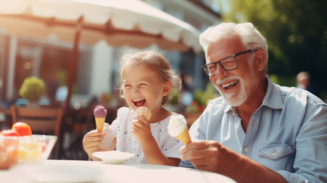 Cheerful grandfather and grandchild eating ice cream outdoors on sunny summer day at an outdoor cafe restaurant