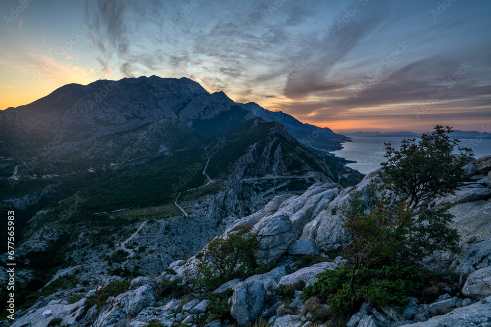Wall mural spectacular sunrise in the mountains of nature park biokovo,dalmatia,croatia
