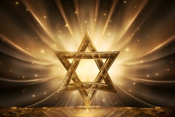 Shining Star of David jewish symbol on golden background