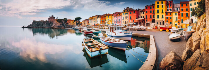 Baeutiful landscape of the harbor with colorful houses and the boats in Porto Venero, Italy, Liguria - obrazy, fototapety, plakaty