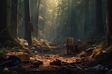 Trash in the forest. Concept of human pollution of nature. - obrazy, fototapety, plakaty