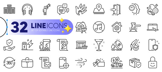 Outline set of Seo phone, Company and Mail letter line icons for web with Painter, Social responsibility, Brand ambassador thin icon. Insurance hand, Work home, Handbag pictogram icon. Vector