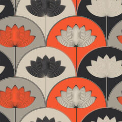 asian style lotus flower seamless pattern in orange gray shades
