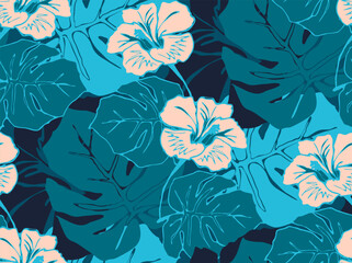 jungle hibiscus exotic floral pattern blue night shades - 677566346
