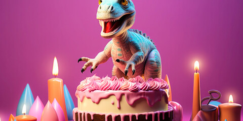 Fototapeta premium A Girly Pink Backdrop for a Dinosaur Birthday Party: A girly pink backdrop with a cartoon dinosaur is perfect for a birthday party.