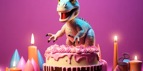 Foto op Plexiglas A Girly Pink Backdrop for a Dinosaur Birthday Party: A girly pink backdrop with a cartoon dinosaur is perfect for a birthday party. © Bartek