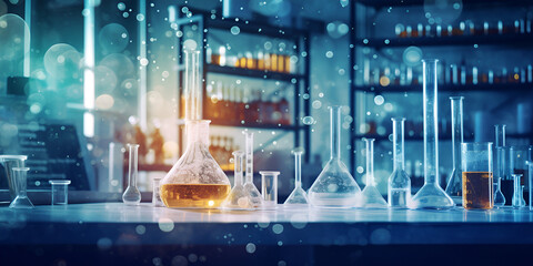 Chemical laboratory background Laboratory concept chemical laboratory equipement Image A series of chemical flasks with a blue background and the word chemistry on the bottom Ai Generative