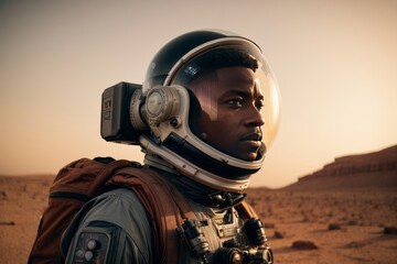 Obraz na płótnie Canvas African American Male Astronaut wearing an orange spacesuit in the planet Mars.
