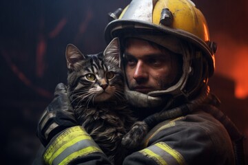 A heroic firefighter saved a cat from fire. Fire on background.