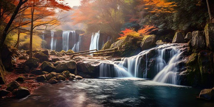 Dynamic waterfall surrounded by vibrant autumn Waterfall nature scenery Waterfall Sunset Image waterfall on mountains with many trees on the both side of water Ai Generative