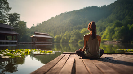 A fit woman sitting on a wooden pier and meditating in a beautiful mountainous surrounding near the lake and buddhist temple