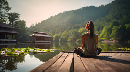 A fit woman sitting on a wooden pier and meditating in a beautiful mountainous surrounding near the...