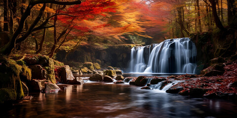 Secluded Waterfall Leaves Cascade Flow Photo Background Orange Waterfall Sunset Image in firest with many stones in water and surrounded by trees Ai Generative