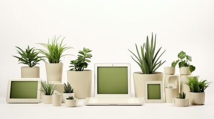 Green Mockup Frames Featuring Most Popular Houseplants: Ideal for Technology, Interior Design, Architecture, Computer, Mobile Phone, Billboard, Banner, and Advertisement. 