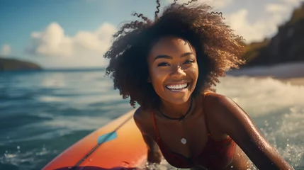 Rolgordijnen Beautiful smiling young Black woman sub surfing in ocean under rays of sun © petrrgoskov