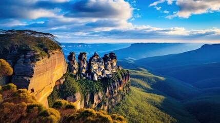 Panoramic Landscape View of the Iconic Three Sisters Rock Monument in the Blue Mountains near Sydney, New South Wales, Australia.