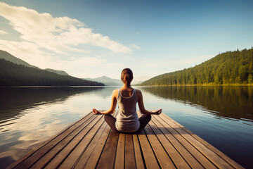 A woman stretches into a yoga pose on a wooden pier, overlooking a calm lake enveloped in morning mist, inspiring mindfulness - obrazy, fototapety, plakaty