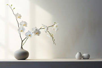 White orchids stand in a glass vase in a minimalist Zen interior, complemented by earthy tones and natural textures