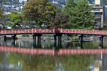 Matsumoto castle with red bridge in spring 10 12 2023