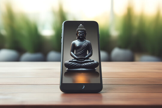 Zen meditation app is displayed on a smartphone screen, indicating the modern approach to achieving mindfulness and relaxation