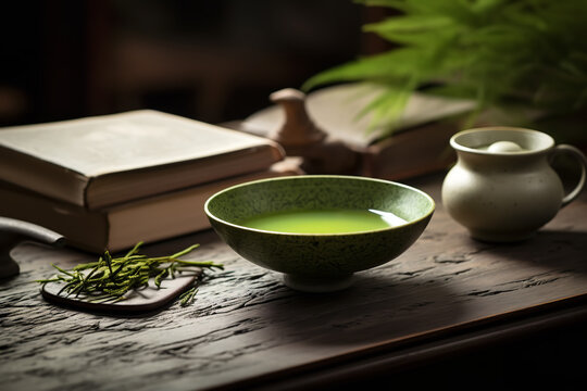 A carefully brewed bowl of green tea , offering a moment of contemplation and mindfulness