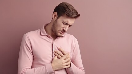 Fototapeta premium The young man has his hand on his chest and is in pain. Symptoms of a cold or flu. Chest pain, cough