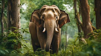 Fototapeta premium Asian elephant or Elephas maximus indicus roadblock walking head on in summer season and natural green scenic background safari