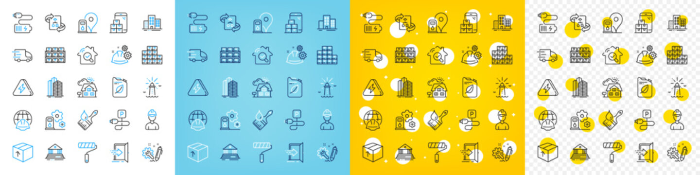 Vector icons set of Truck delivery, Foreman and Lighthouse line icons pack for web with Global engineering, Boxes shelf, Working process outline icon. Brush, Filling station. Vector