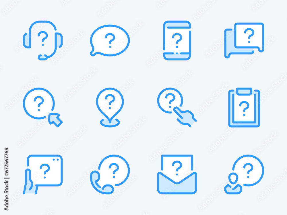 Poster question mark and problem solution vector line icons. faq and help outline icon set. quiz, mail noti