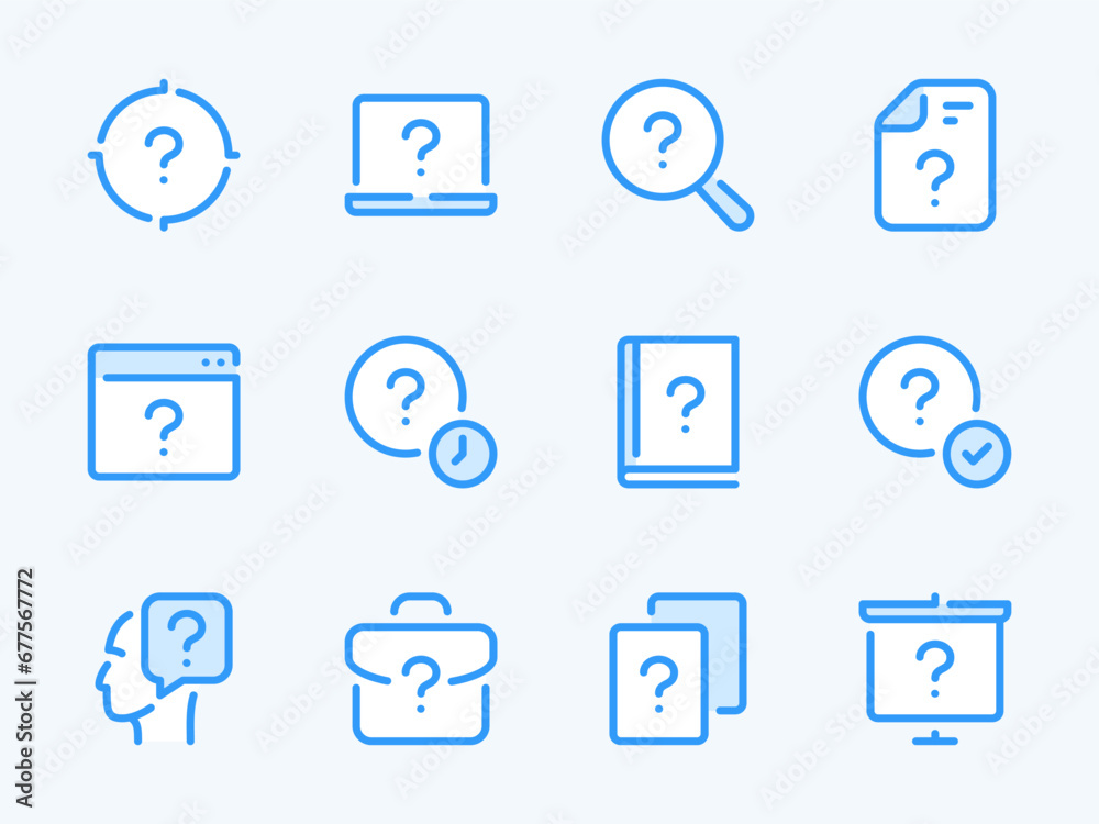 Poster question mark and problem solution vector line icons. faq and help outline icon set. quiz, problem s