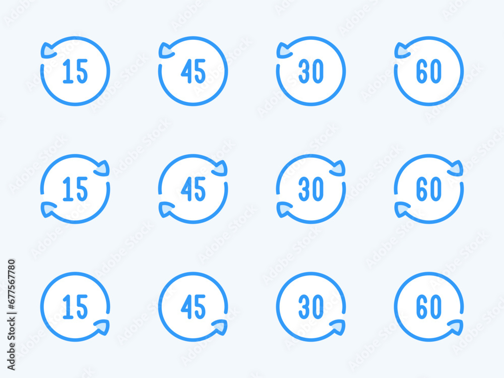 Poster rotate 15, 30, 45 and 60 degrees vector line icons. angle of rotation and rotating arrow with angle 