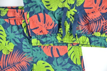 Beach shorts for kids, with tropical leaves in blue, coral, emerald and green colors isolated on a white background