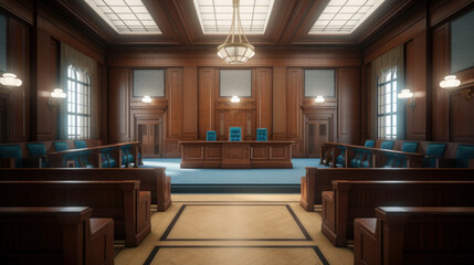 American courtroom. justice and law. chairs and judge table