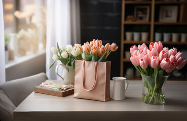Tulips flowers on table in living room at window. Springtime home decoration