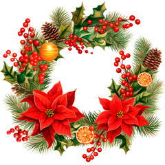 Naklejka premium Christmas wreath from winter greenery decoration with holly, red berries, Illustration for design for New Year, Yule, Noel 
