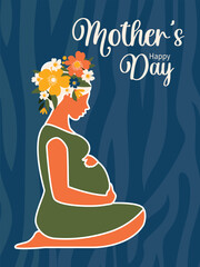 Mothers Day. Pregnant beautiful young woman sits sideways on a dark blue vertical background for the celebration of motherhood and family. Vector.
