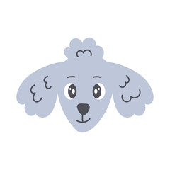 Cute poodle dog head. Funny hand drawn fluffy puppy smiling face. Cheerful pet. Character design. Vector illustration on white background