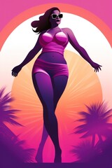 Plus size female with sunglasses tropical beach summer. Body positivity illustration