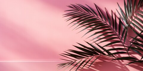 Pink wall with palm leaves. Minimal abstract background for product presentation. Spring and summer give. Copy space banner