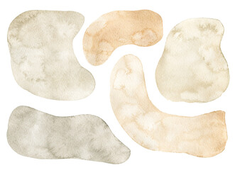 Watercolor hand drawn set with abstract beige and brown shapes. Isolated on white background. Hand drawn clipart. Perfect for card, postcard, tags, invitation, printing, wrapping, background.