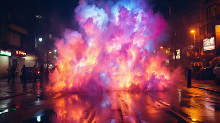 Colorful smoke explosion in the middle of a street at night