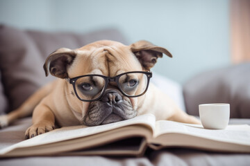 Cute dog in eyeglasses reading book on sofa at home