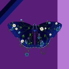 Dark blue butterfly with flowers on purple backround