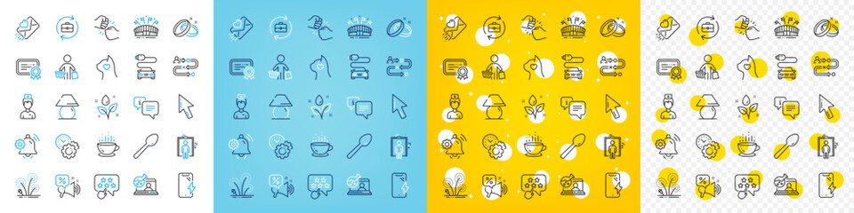 Vector icons set of Buyer, Doctor and Fist bump line icons pack for web with Coffee cup, Journey path, Pets care outline icon. Cursor, Wedding rings, Info pictogram. Human resources. Vector