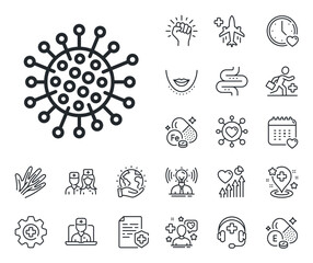 Covid-19 pandemic virus sign. Online doctor, patient and medicine outline icons. Coronavirus line icon. Corona virus symbol. Coronavirus line sign. Veins, nerves and cosmetic procedure icon. Vector