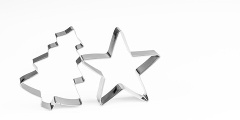 Cookie cutters of star and Christmas fir tree shape. Blank metal star and tree isolated on white background.