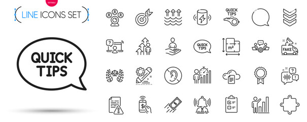 Pack of Tutorials, Checklist and Brand line icons. Include Puzzle, Quickstart guide, Justice scales pictogram icons. Graph chart, Phone payment, Fake news signs. No hearing. Vector