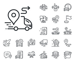 Road path sign. Plane, supply chain and place location outline icons. Delivery line icon. Car journey route symbol. Delivery line sign. Taxi transport, rent a bike icon. Travel map. Vector