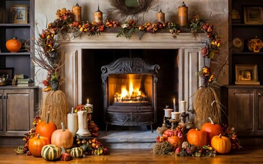 A beautifully decorated fireplace adorned with fall garlands and flickering candles, creating a cozy ambiance